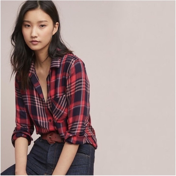 Anthro Cloth & Stone Red Paid Button Down Shirt Frayed Hem - Picture 2 of 11